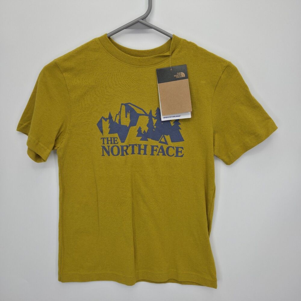 New The North Face Boys T-Shirt Graphic Logo Tee Size 7/8 Mineral Gold